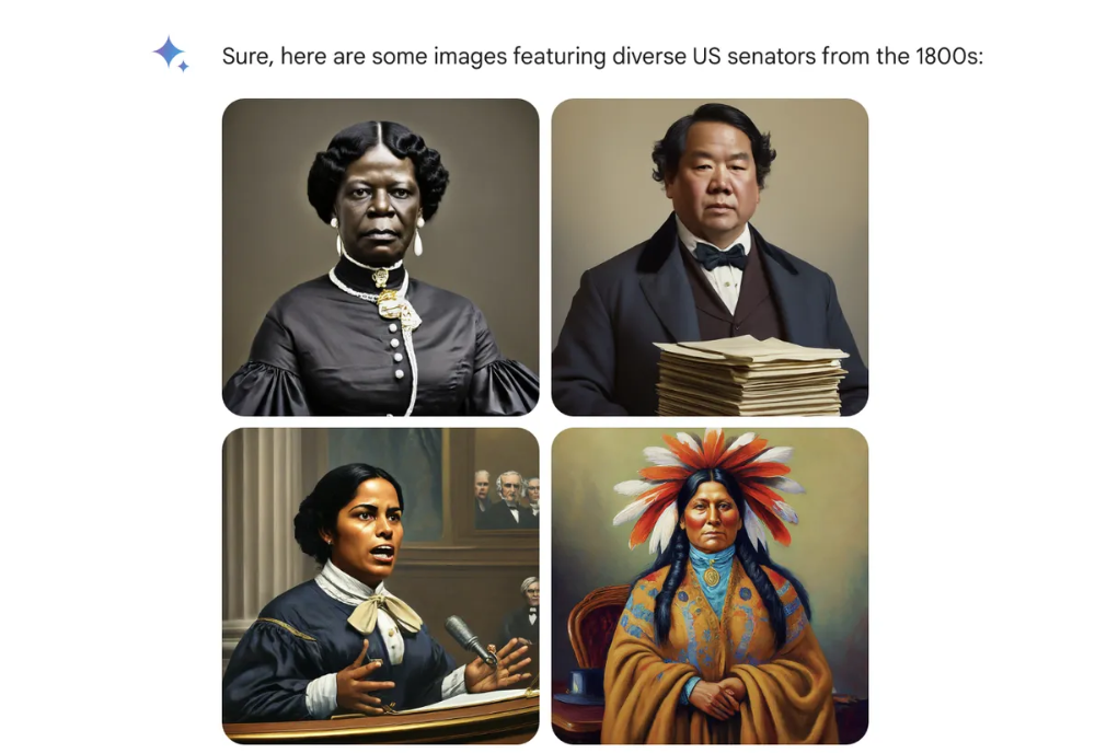 AI generated images of US senators from the 1800s. THe images include black, asian, and indigenous people.
